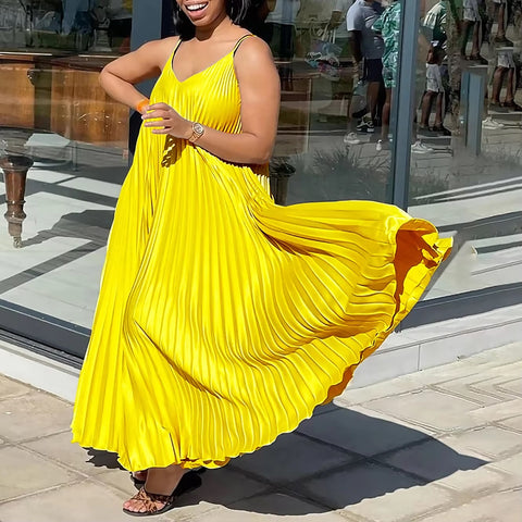 Summer New Loose Waisted V-Neck Sexy Suspender Pleated Elegant Casual Dress CODE: KAR3405