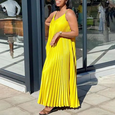 Summer New Loose Waisted V-Neck Sexy Suspender Pleated Elegant Casual Dress CODE: KAR3405
