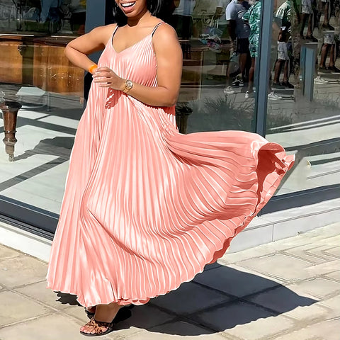 Summer New Loose Waisted V-Neck Sexy Suspender Pleated Elegant Casual Dress CODE: KAR3405