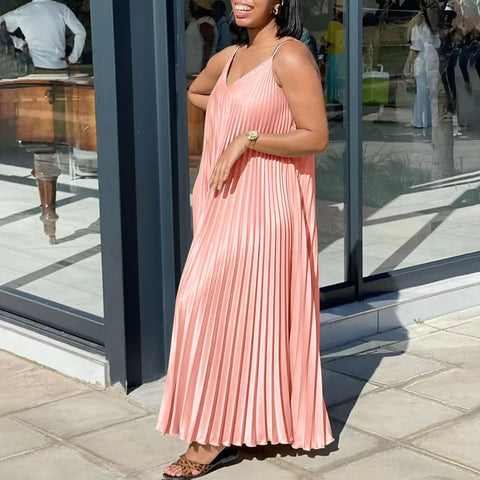 Summer New Loose Waisted V-Neck Sexy Suspender Pleated Elegant Casual Dress CODE: KAR3405