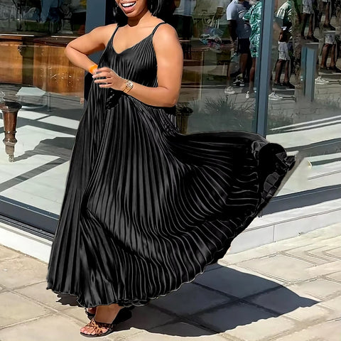 Summer New Loose Waisted V-Neck Sexy Suspender Pleated Elegant Casual Dress CODE: KAR3405