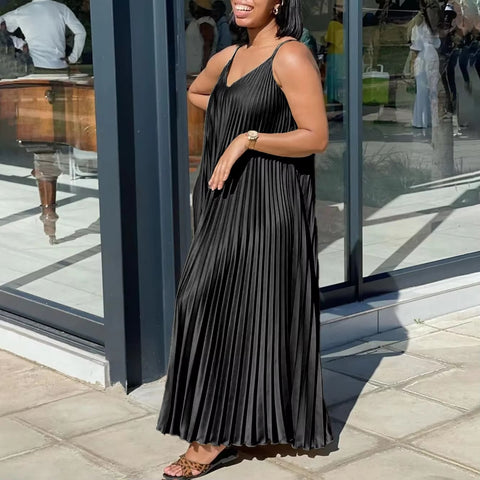 Summer New Loose Waisted V-Neck Sexy Suspender Pleated Elegant Casual Dress CODE: KAR3405