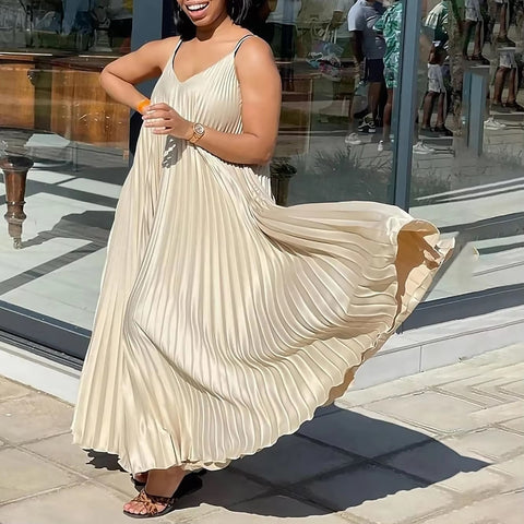 Summer New Loose Waisted V-Neck Sexy Suspender Pleated Elegant Casual Dress CODE: KAR3405