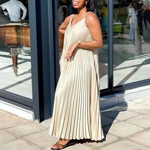 Summer New Loose Waisted V-Neck Sexy Suspender Pleated Elegant Casual Dress CODE: KAR3405