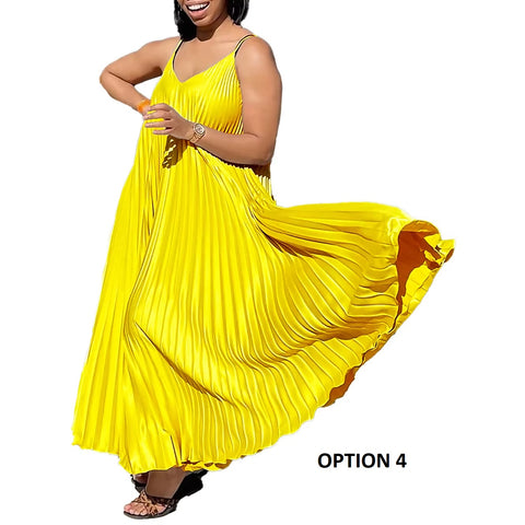 Summer New Loose Waisted V-Neck Sexy Suspender Pleated Elegant Casual Dress CODE: KAR3405