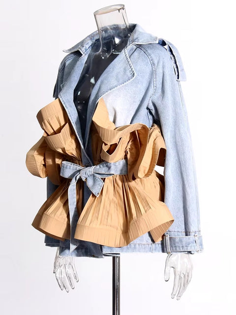 New Designer Spliced Belt Lapel Long Sleeve Patchwork Ruffles Casual Loose Jacket CODE: KAR3406