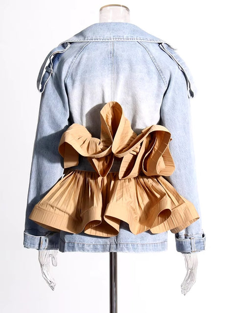 New Designer Spliced Belt Lapel Long Sleeve Patchwork Ruffles Casual Loose Jacket CODE: KAR3406