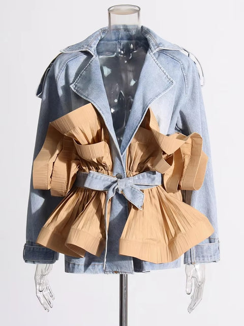 New Designer Spliced Belt Lapel Long Sleeve Patchwork Ruffles Casual Loose Jacket CODE: KAR3406