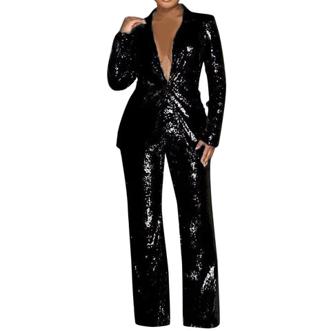 New Sequin Long Sleeve Lapel Slim Fit Formal 2 Piece Set CODE: KAR3409