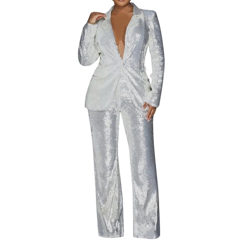 New Sequin Long Sleeve Lapel Slim Fit Formal 2 Piece Set CODE: KAR3409