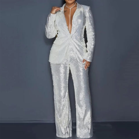 New Sequin Long Sleeve Lapel Slim Fit Formal 2 Piece Set CODE: KAR3409