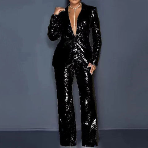 New Sequin Long Sleeve Lapel Slim Fit Formal 2 Piece Set CODE: KAR3409