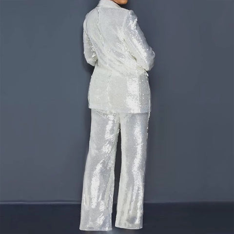 New Sequin Long Sleeve Lapel Slim Fit Formal 2 Piece Set CODE: KAR3409