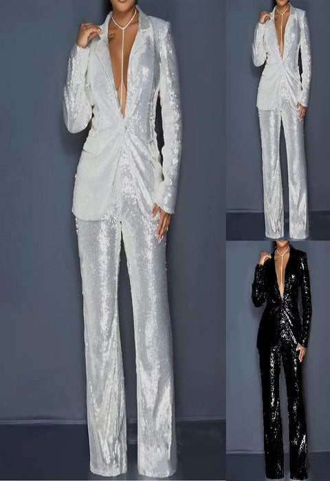 New Sequin Long Sleeve Lapel Slim Fit Formal 2 Piece Set CODE: KAR3409
