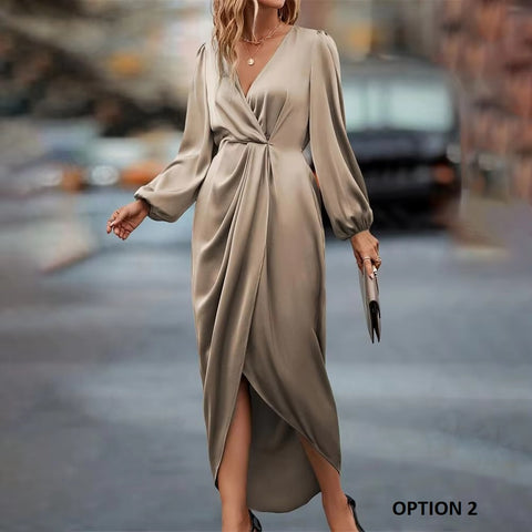 New V-Neck Satin Sleeve Evening Party Maxi Satin Dress CODE: KAR3411