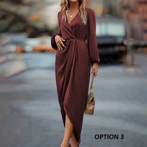 New V-Neck Satin Sleeve Evening Party Maxi Satin Dress CODE: KAR3411