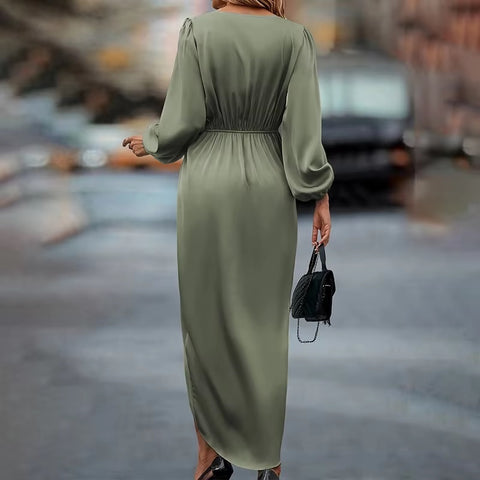 New V-Neck Satin Sleeve Evening Party Maxi Satin Dress CODE: KAR3411