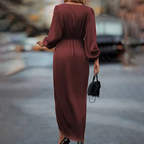 New V-Neck Satin Sleeve Evening Party Maxi Satin Dress CODE: KAR3411