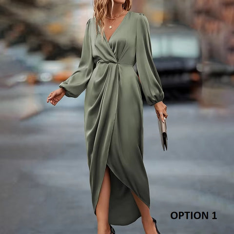 New V-Neck Satin Sleeve Evening Party Maxi Satin Dress CODE: KAR3411