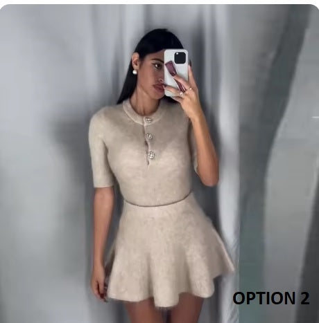 New Fashion Half Sleeve Slim Button Knit Top Skirt Set CODE: KAR3414
