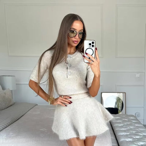 New Fashion Half Sleeve Slim Button Knit Top Skirt Set CODE: KAR3414