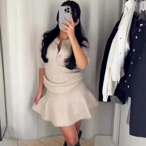 New Fashion Half Sleeve Slim Button Knit Top Skirt Set CODE: KAR3414
