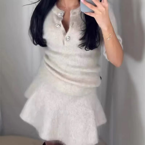 New Fashion Half Sleeve Slim Button Knit Top Skirt Set CODE: KAR3414