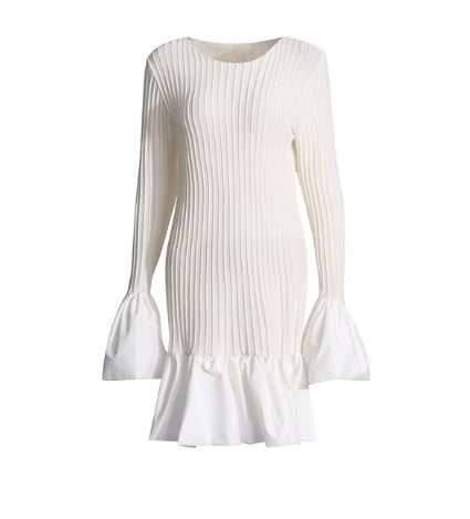 New Patchwork Ruffles Knitting Round Neck Flare Sleeve High Waist Solid A Line Dress CODE: KAR3415