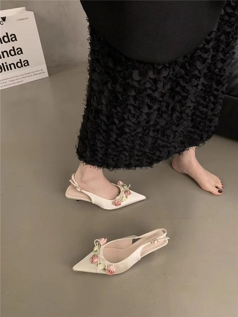 Summer New Sweet Flower Designer Slingback Pointed Toe Pumps Med Heel Sandals CODE: KAR3416