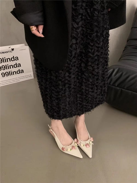 Summer New Sweet Flower Designer Slingback Pointed Toe Pumps Med Heel Sandals CODE: KAR3416