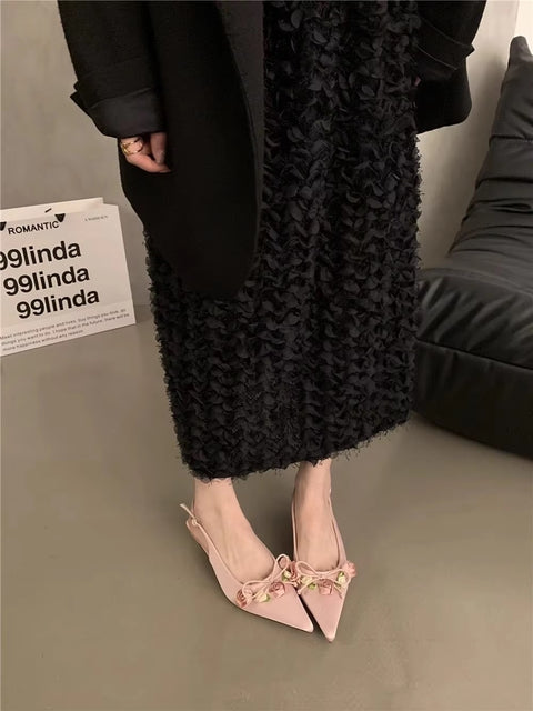 Summer New Sweet Flower Designer Slingback Pointed Toe Pumps Med Heel Sandals CODE: KAR3416