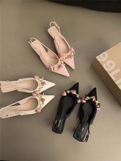 Summer New Sweet Flower Designer Slingback Pointed Toe Pumps Med Heel Sandals CODE: KAR3416
