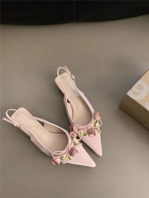 Summer New Sweet Flower Designer Slingback Pointed Toe Pumps Med Heel Sandals CODE: KAR3416