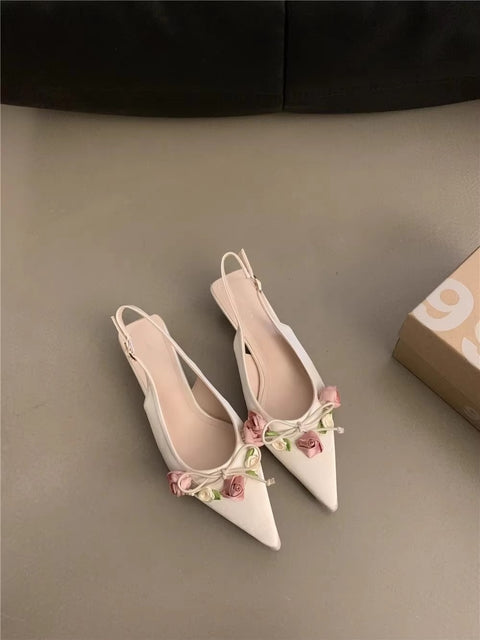 Summer New Sweet Flower Designer Slingback Pointed Toe Pumps Med Heel Sandals CODE: KAR3416