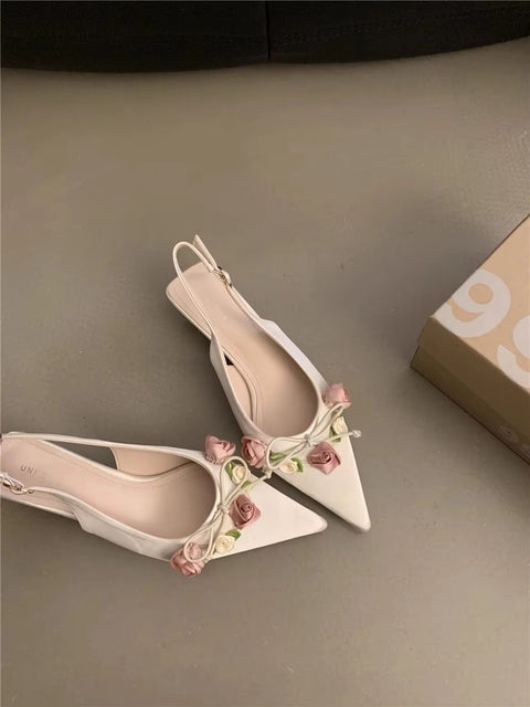 Summer New Sweet Flower Designer Slingback Pointed Toe Pumps Med Heel Sandals CODE: KAR3416