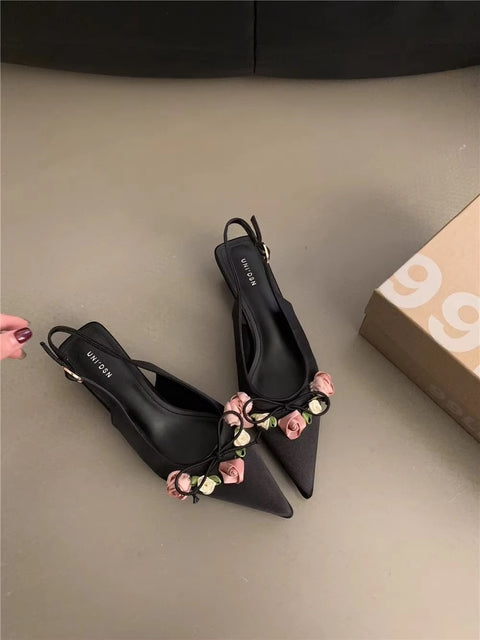 Summer New Sweet Flower Designer Slingback Pointed Toe Pumps Med Heel Sandals CODE: KAR3416