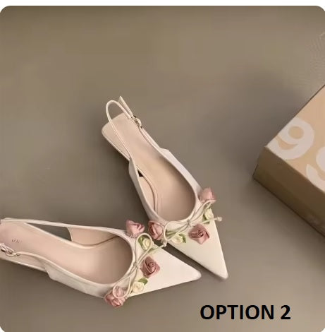 Summer New Sweet Flower Designer Slingback Pointed Toe Pumps Med Heel Sandals CODE: KAR3416