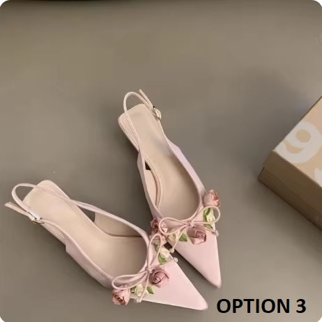 Summer New Sweet Flower Designer Slingback Pointed Toe Pumps Med Heel Sandals CODE: KAR3416