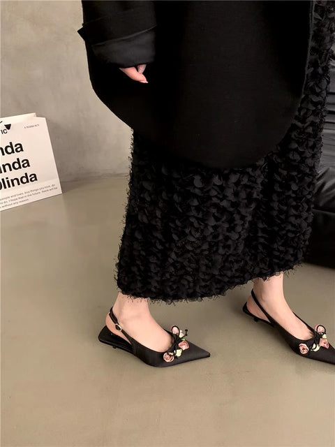 Summer New Sweet Flower Designer Slingback Pointed Toe Pumps Med Heel Sandals CODE: KAR3416