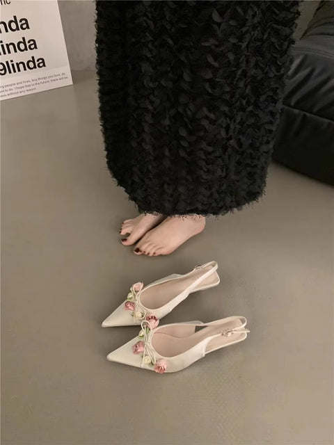 Summer New Sweet Flower Designer Slingback Pointed Toe Pumps Med Heel Sandals CODE: KAR3416