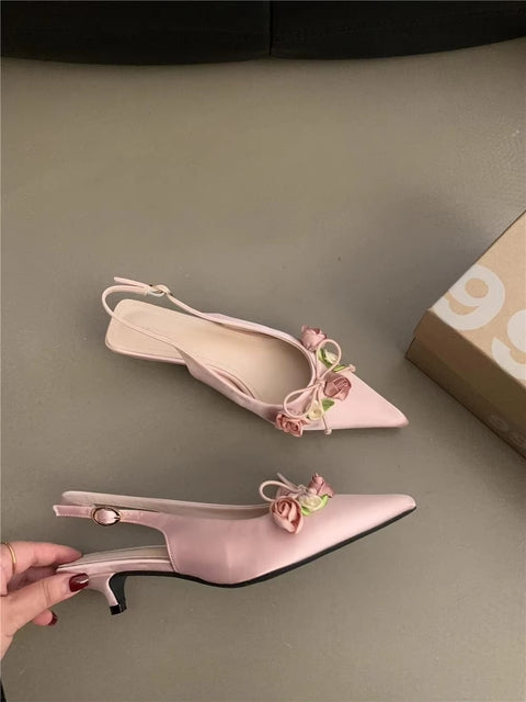 Summer New Sweet Flower Designer Slingback Pointed Toe Pumps Med Heel Sandals CODE: KAR3416