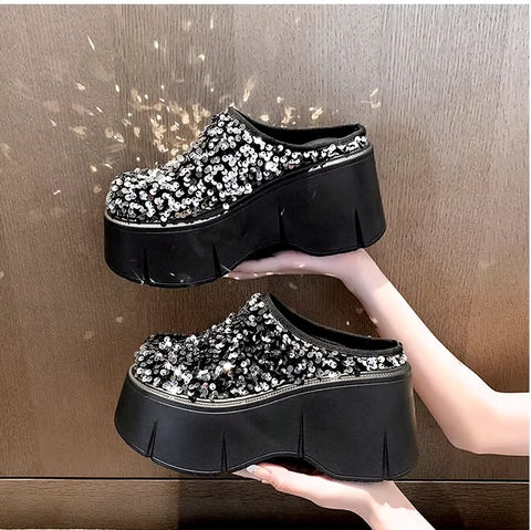 New Bling Chunky High Heel Style Round Toe Slide Mule Platform Sandals CODE: KAR3421