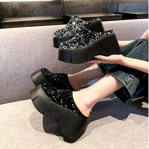 New Bling Chunky High Heel Style Round Toe Slide Mule Platform Sandals CODE: KAR3421