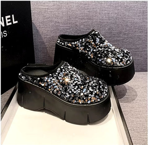 New Bling Chunky High Heel Style Round Toe Slide Mule Platform Sandals CODE: KAR3421