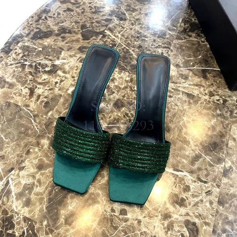New Satin Crystal Thin Square Toe Rhinestone Slip-on Beautiful Stiletto High Heel Sandal CODE: KAR3424
