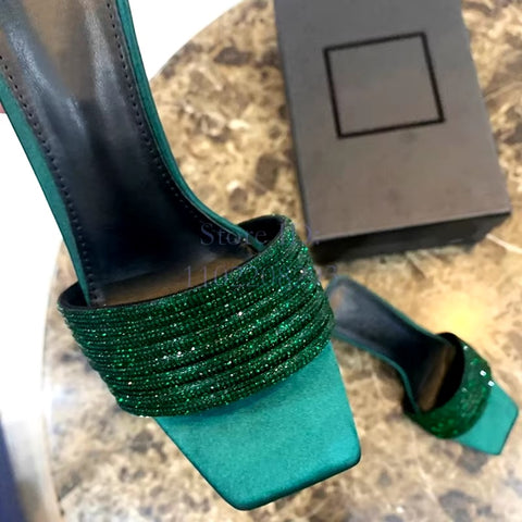 New Satin Crystal Thin Square Toe Rhinestone Slip-on Beautiful Stiletto High Heel Sandal CODE: KAR3424