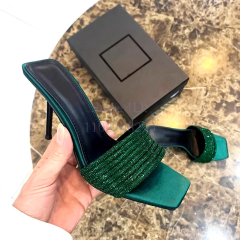 New Satin Crystal Thin Square Toe Rhinestone Slip-on Beautiful Stiletto High Heel Sandal CODE: KAR3424