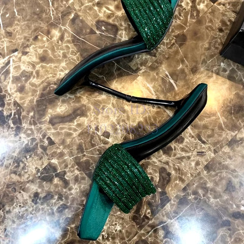 New Satin Crystal Thin Square Toe Rhinestone Slip-on Beautiful Stiletto High Heel Sandal CODE: KAR3424