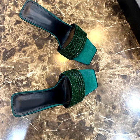 New Satin Crystal Thin Square Toe Rhinestone Slip-on Beautiful Stiletto High Heel Sandal CODE: KAR3424