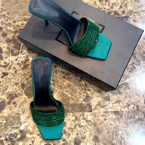 New Satin Crystal Thin Square Toe Rhinestone Slip-on Beautiful Stiletto High Heel Sandal CODE: KAR3424